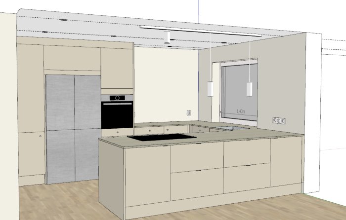 3D rendering av ett kök med öskåp, inbyggda vitvaror och köksö i planeringsfasen.