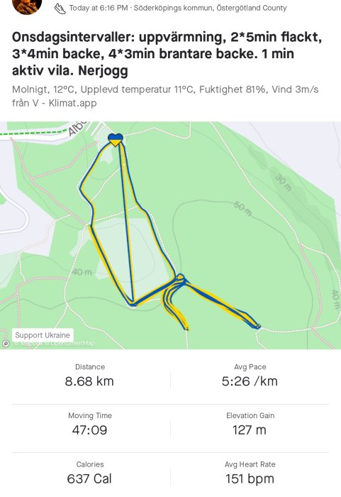 Skärmdump av löprunda på karta med statistik: distans 8.68 km, tid 47:09, höjdvinst 127 m, snittpuls 151 bpm.