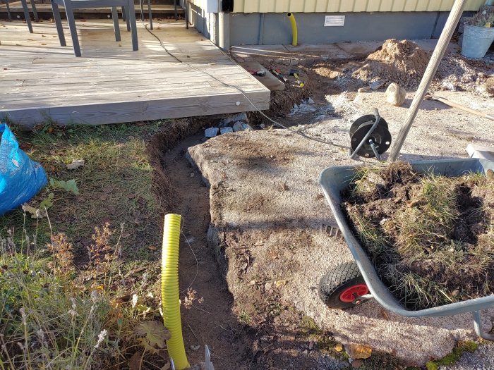 Dike grävt för elinstallation med gul slang, wheelbarrow med gräs och plint vid byggplats.