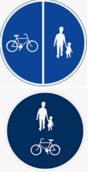 Två trafikskyltar, en med uppdelning för gång- och cykelväg och en med endast gångväg.