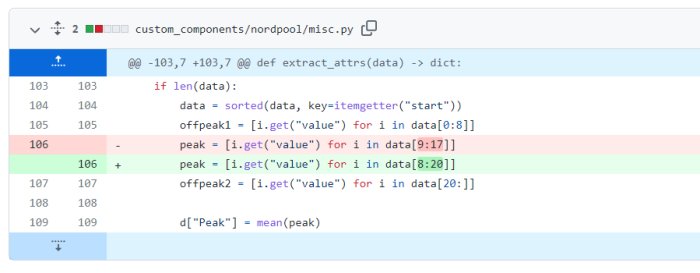 Skärmdump av kod från GitHub som visar ändringar i en Python-fil för nordpool-komponenten.