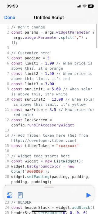 Skärmdump av kodskript för anpassning av widget med kommentarer och plats för att lägga till en 'Tibber token'.