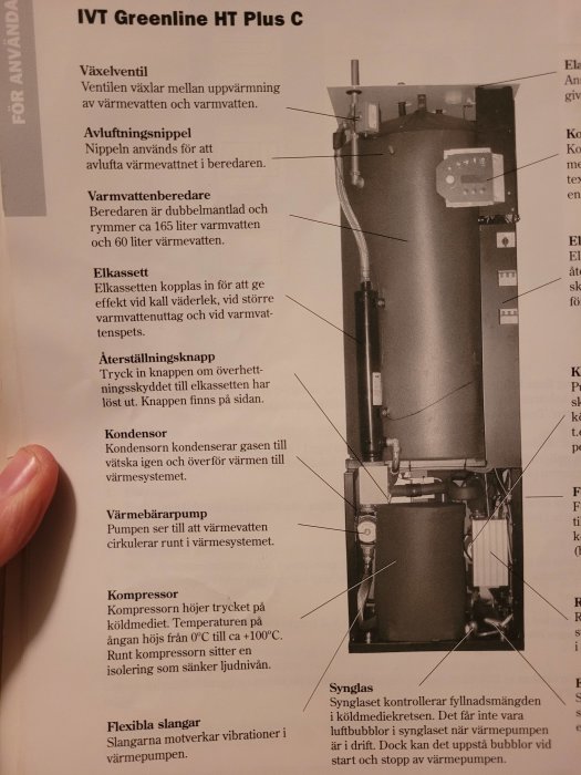 Schematisk bild av en värmepump med beskrivande text och pilar som pekar ut olika delar som kompressor och kondensor.