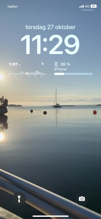 Skärmdump av en iPhone-låsskärm med widget-display, som visar datum, tid och batteristatus över en lugn sjövid med segelbåt.