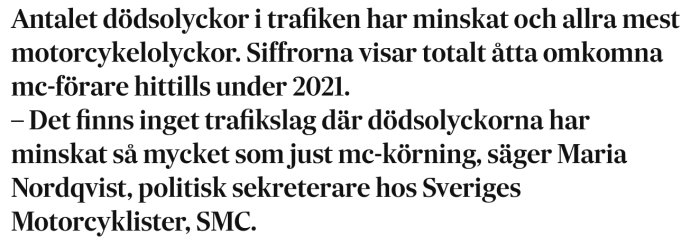 Skärmdump av en artikel om minskningen av dödsolyckor i trafiken, särskilt bland motorcyklister under 2021.