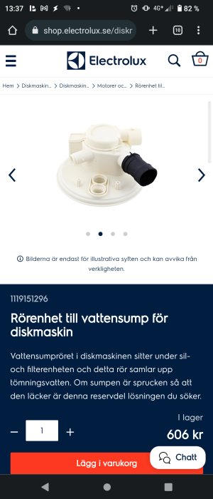 Rördel till vattensump för diskmaskin, visar plastkomponent med anslutningar och packning.