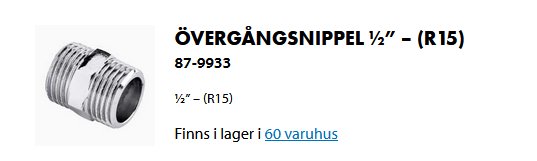 Övergångsnippel med gängor båda sidor, artikelnummer 87-9933, tillgänglig på Biltema.