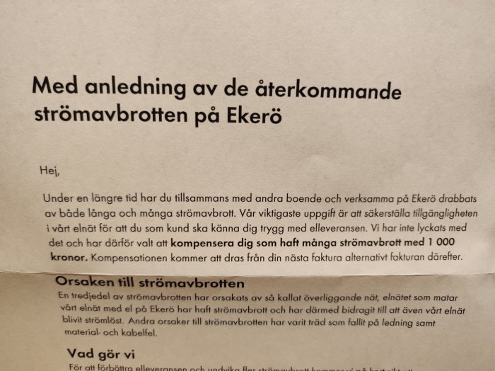 Brev med information om kompensation för upprepade strömavbrott på Ekerö.