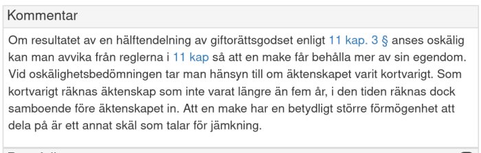 Skärmdump av en diskussionsforumskommentar som refererar till bestämmelserna i Äktenskapsbalken (12 kap. 1 §), med text om jämkning vid bodelning.