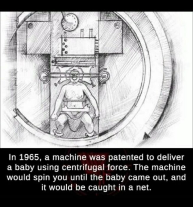 Skiss av en maskin från 1965 som använder centrifugalkraft för att förlösa barn, med en person sittandes i centrum.