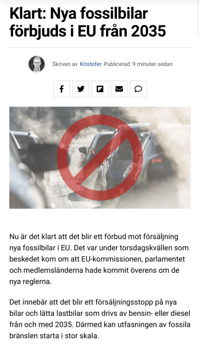Bilar utsatta för avgaser med ett rött förbudstecken överlagrat, symbol för stopp av försäljning av nya fossilbilar.