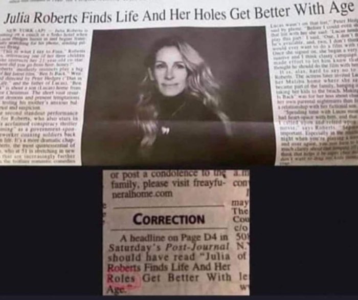 Utskrift av tidningsartikel med felaktig rubrik om Julia Roberts, rättelse nedanför och röd ring runt misstaget.