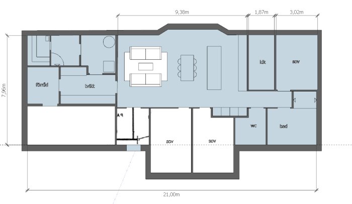 Planritning i Sketchup med justering av pannrummet, inklusive mått och rumsetiketter.