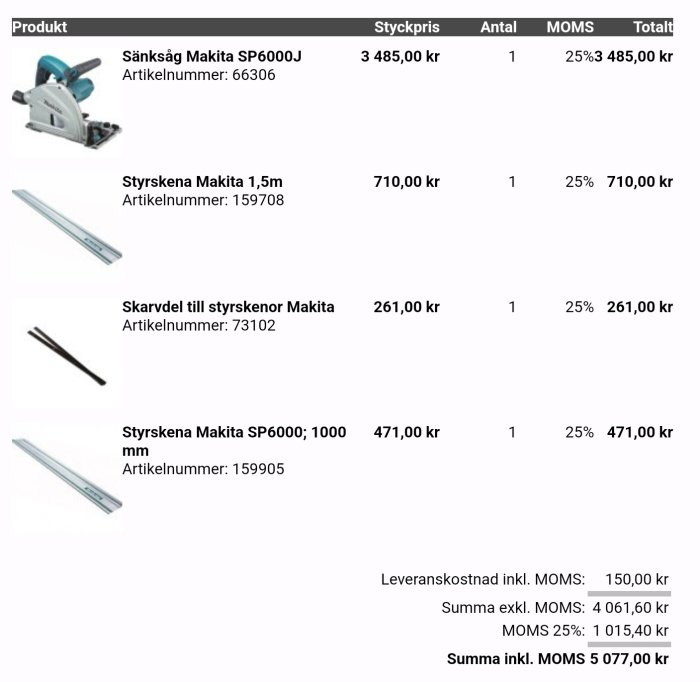 Faktura med bilder av verktyg, inklusive cirkelsåg och styrskenor från Makita med priser och moms. Totalt belopp 5 077,00 kr.