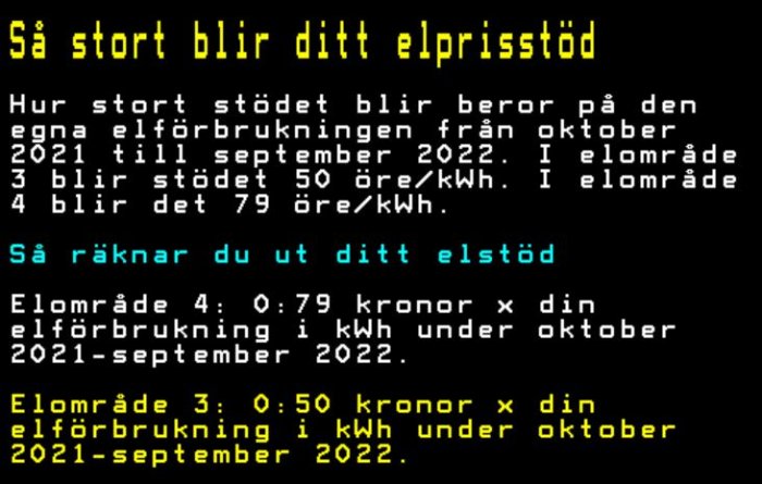 Skärmdump av text som informerar om storleken på elprisstöd per elområde och instruktioner för att räkna ut elstöd.