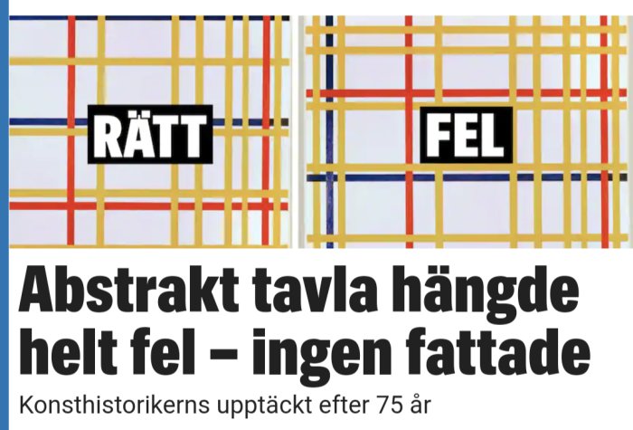 Abstrakt målning med geometriska mönster och ordet "RÄTT" översätts av ordet "FEL".