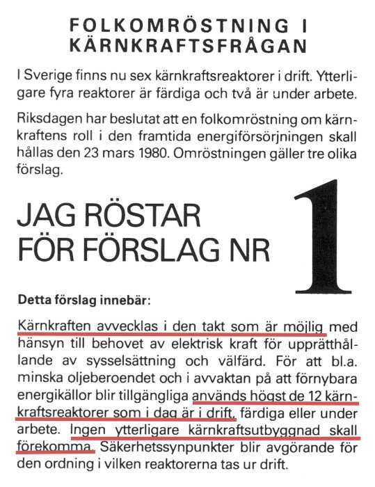 Flygblad om folkomröstning i kärnkraftsfrågan i Sverige med förslag om att avveckla kärnkraften stegvis och info om reaktorer.