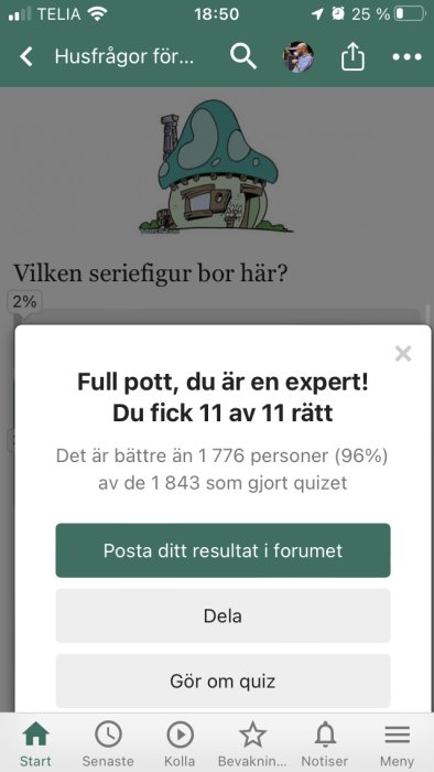 Skärmavbild av ett quizresultat med texten "Full pott, du är en expert! Du fick 11 av 11 rätt" över en tecknad svampformad byggnad.