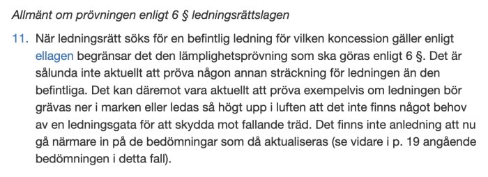 Skärmdump av lagtext om ledningsrätt enligt ellagen, med fokus på stycket om koncessionsgällande ledningar och lämplighetsprövning.