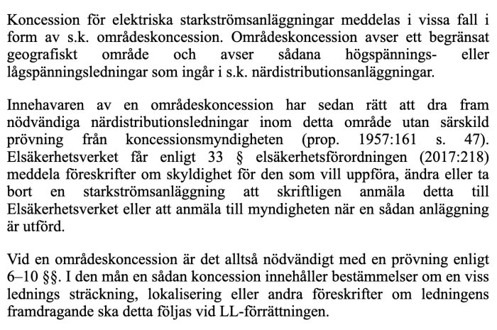 Skärmbild av text som handlar om regelverket för områdeskoncessioner och linjekoncessioner enligt ledningsrättslagen.