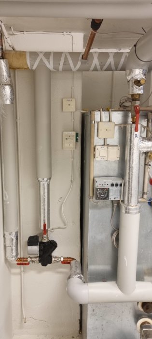 Isolerade rör och värmesystemkomponenter i ett pannrum, inklusive Altech pump och temperaturvisare.
