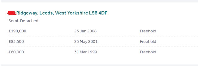 Tabell som visar försäljningshistorik för en bostad på Ridgeway, Leeds, med datum och priser.