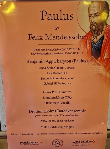 Affisch med information om Paulus av Felix Mendelssohn, med illustrerad porträtt av Paulus och detaljer om performance.