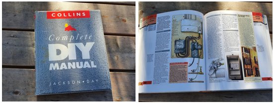 Två bilder av en DIY-manual, en stängd och en öppen visande sidor om elinstallationer.