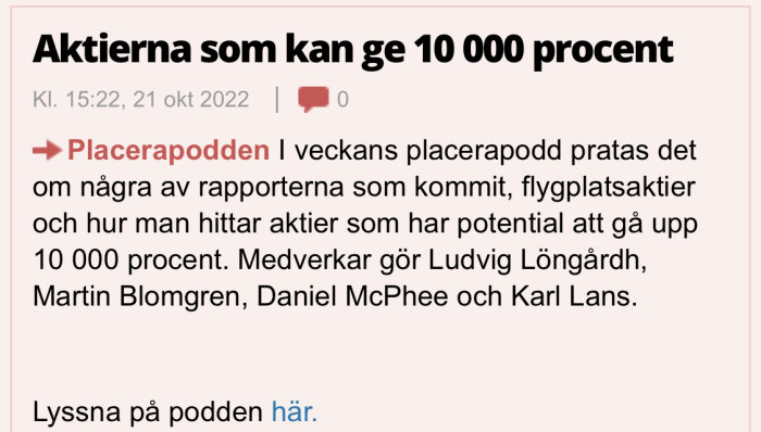 Skärmklipp av en artikelöversikt om aktier med rubrik och länk till podd.