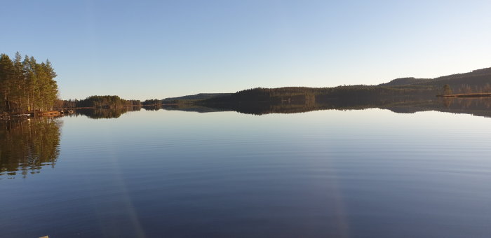 Spejelblank sjö omgiven av skog under en klarblå himmel, reflexioner av träd i vattnet.