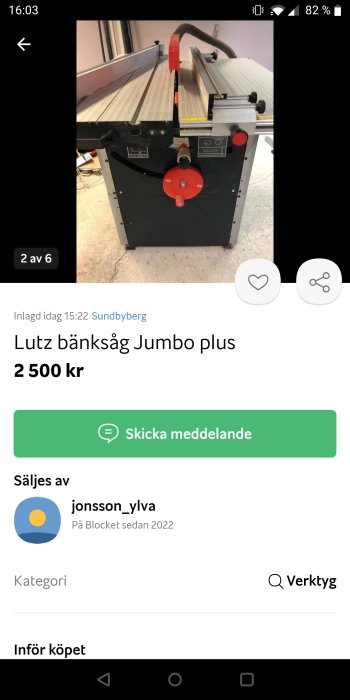 En begagnad Lutz bänksåg Jumbo plus med svart stativ och röda detaljer på försäljning för 2 500 kr.