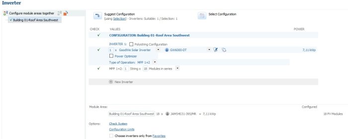 Skärmdump från PVSol-visning av solenergisystem med en GoodWe Solar Inverter konfiguration.