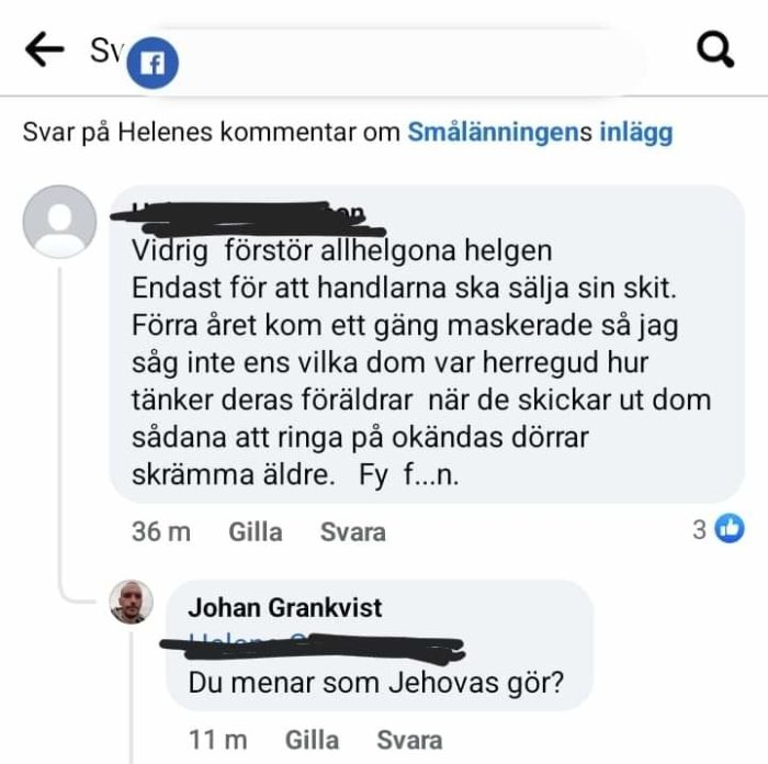 Skärmdump av en diskussion på ett socialt nätverk om allhelgonahelgen och handlare.