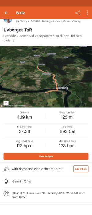 Skärmdump av en vandringsaktivitet med karta och statistik inklusive distans, tid och hjärtfrekvens.