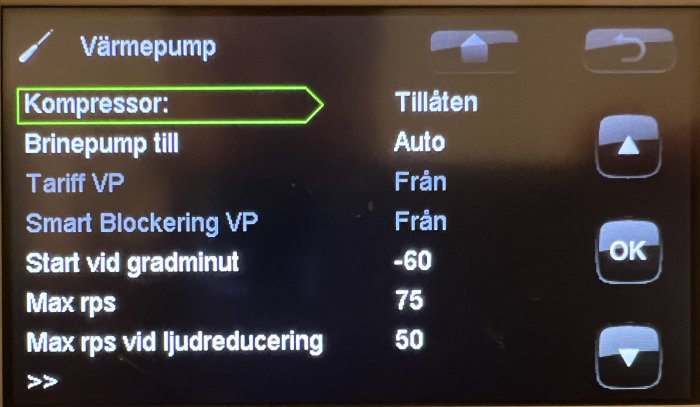 Gränssnitt på värmepump med inställningsalternativ såsom kompressor och max rps.