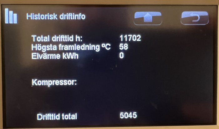 Digital display som visar historisk driftinformation med drifttid och temperatur för värmesystem.