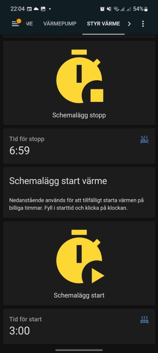 Gränssnitt för automatiserad schemaläggning av värme med klocksymboler, stopptid 6:59 och starttid 3:00.