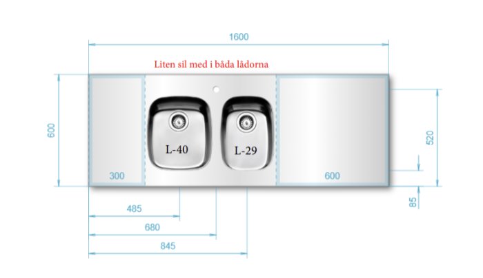 Ritning av en dubbelho-diskbänk med måttangivelser och en liten sil i varje ho.