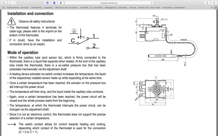 Schematisk illustration av en termostat med installations- och användningsinstruktioner.