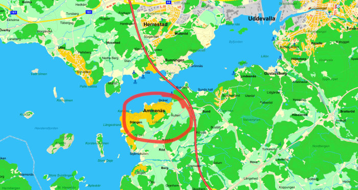 Karta som visar en landsbygd med markerat område som kan representera "landet" i diskussionen.