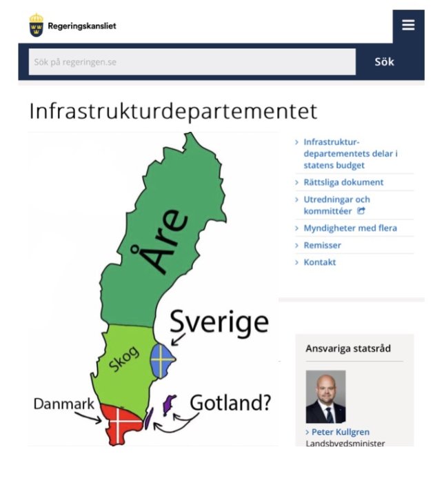 Karikatyrbild av en Sverigekarta med "Åre", "Skog" och "Gotland?" utmärkt, på en regeringens webbsida.