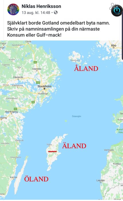 Karta över Sverige och Östersjön där Gotland felaktigt är omdöpt till "Äland" och Öland till "Åland".