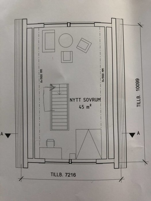 Ritning av ett nytt sovrum på 45 kvm med möblering och måttangivelser.