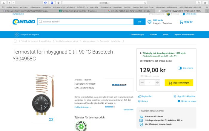 Skärmbild av en webbsida som visar en termostat för inbyggnad från BaseTech, med spektrum 0 till 90 °C.