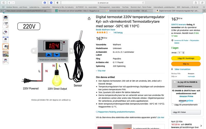 Digital termostat för temperaturkontroll ansluten till glödlampa, visar 18.4 grader Celsius.