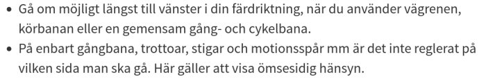 Skärmbild av text från Transportstyrelsens hemsida med regler för gående på vägbanor och trottoarer.