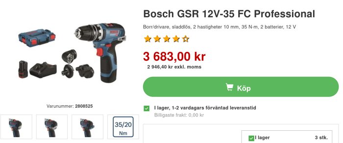 Bosch GSR 12V-35 FC skruvdragare, sladdlös, tillbehör, 12V, två batterier, prisangivelse och köpknapp.