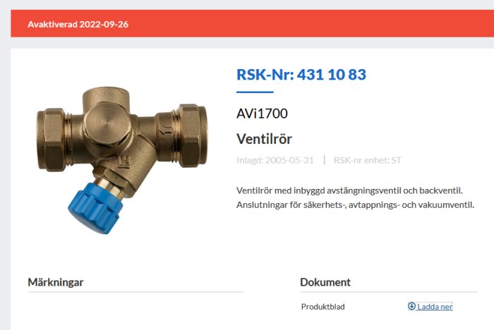 Mässingsventil med blå detalj, produktinformation och RSK-nummer på svenska, mot vit bakgrund.