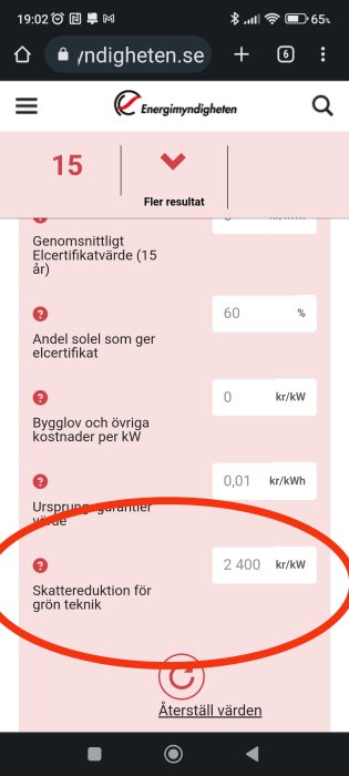 Skärmklipp från Energimyndighetens webbplats visar information om solenergi och skattereduktion för grön teknik.