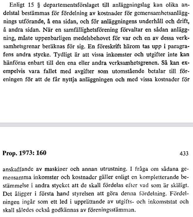 Svensk text om lagförslag gällande kostnadsfördelning för anläggningar och samfällighetsföreningar.